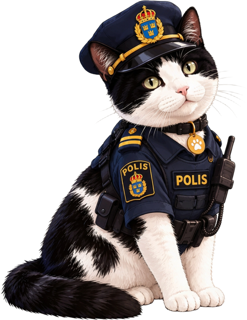 Loke, en svartvit katt i polisuniform